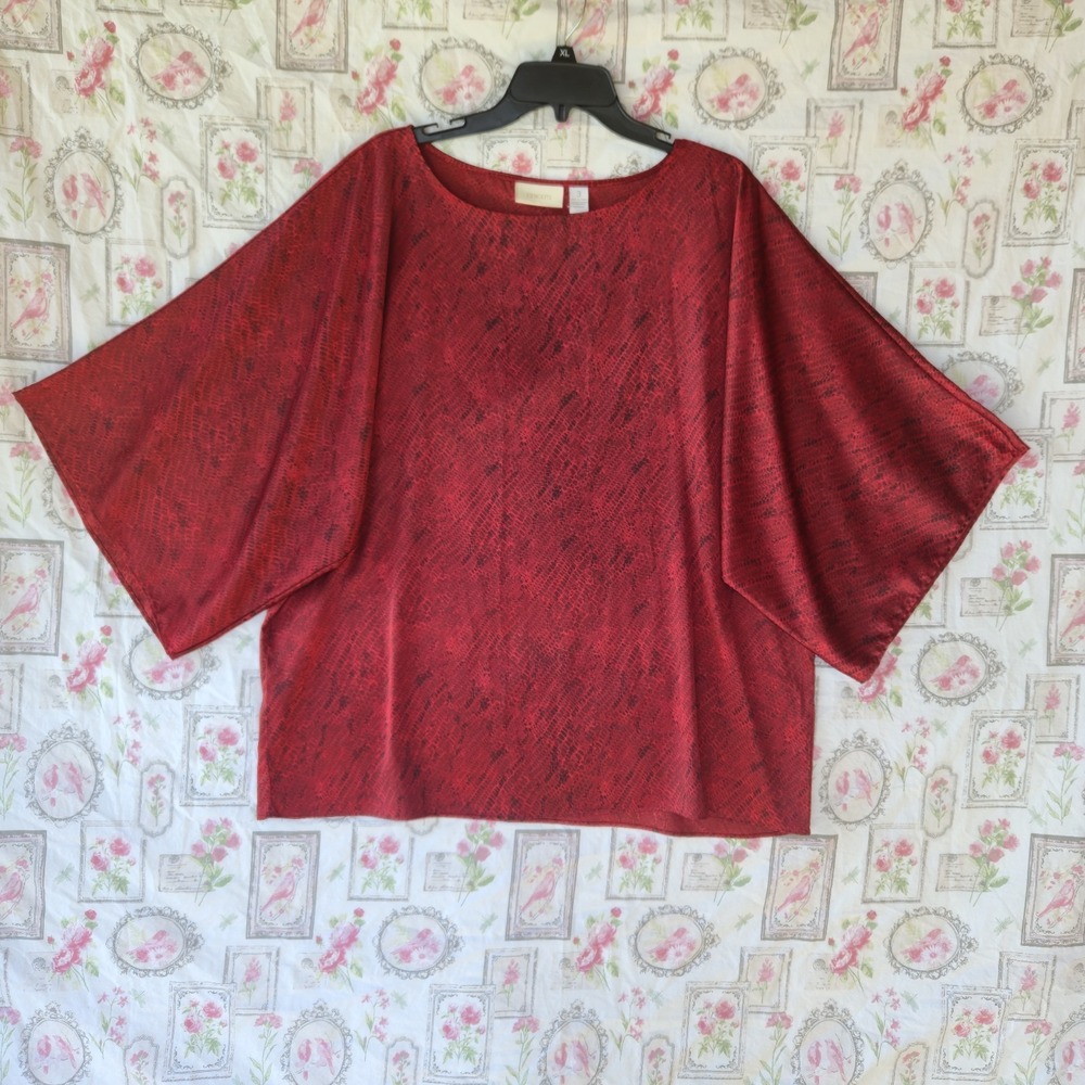 Chico's‎ Top Blouse Red & Black Animal Print Wide Dolman Kimono Sleeve Size 3XL